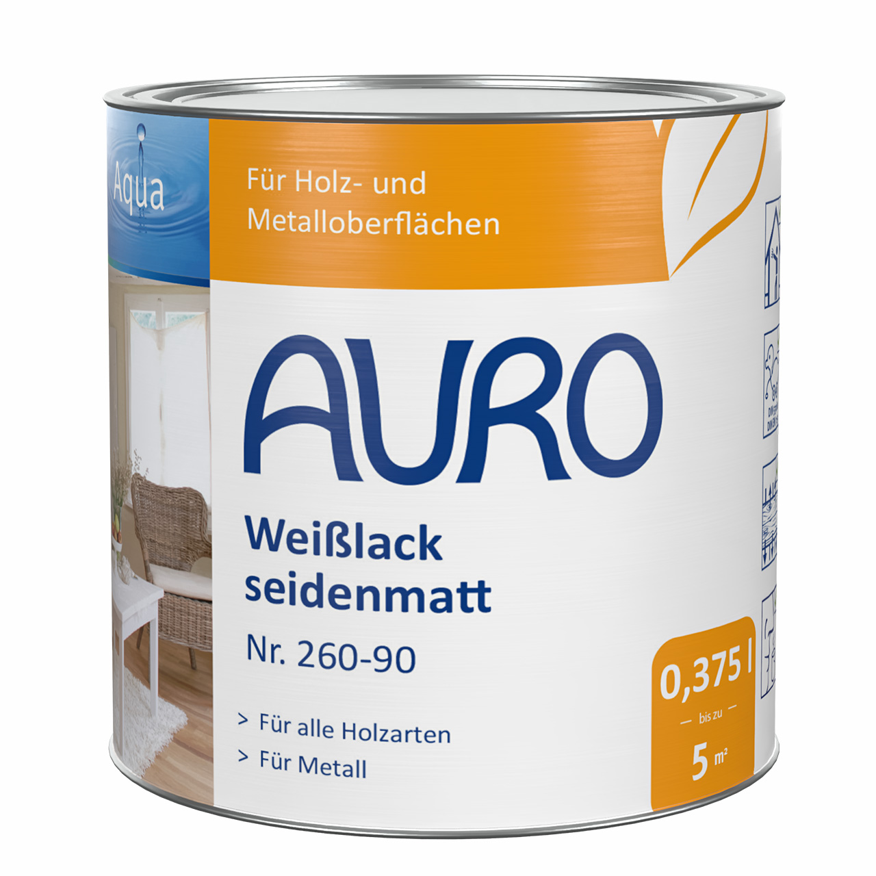 AURO Weißlack, seidenmatt, Aqua Nr. 260-90 in 0,375 Liter Dose – geruchsfreier Lack für Holz, Metall oder Holzwerkstoffe
