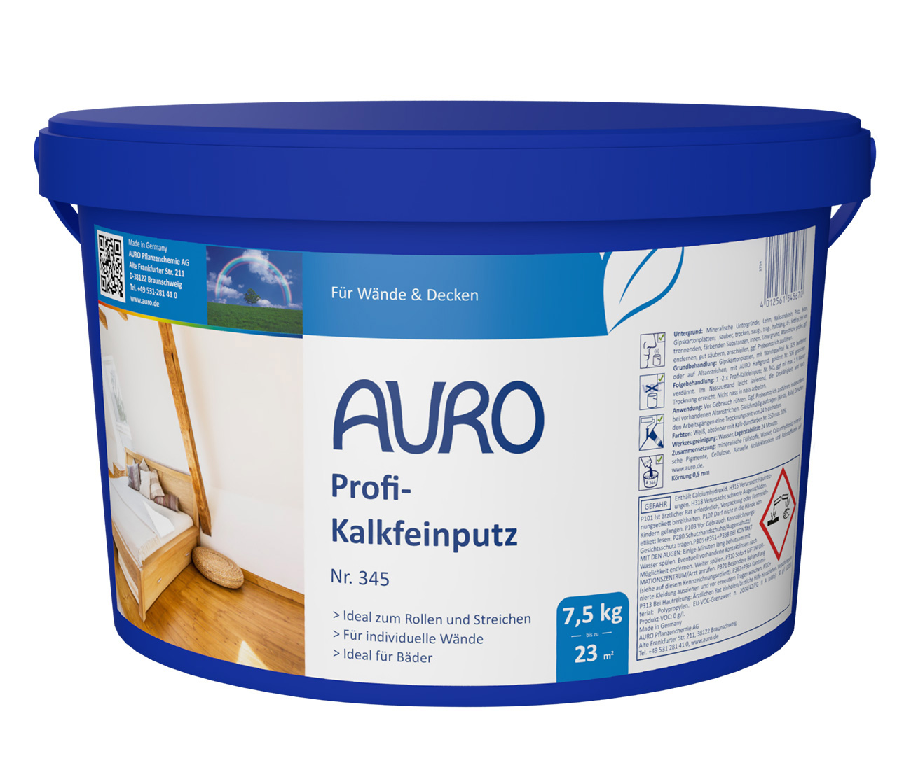 AURO Profi-Kalkfeinputz Nr. 345 im 7,5 kg Gebinde – mineralischer Sumpfkalk-Feinputz für atmungsaktive, schimmelvorbeugende Wandflächen.