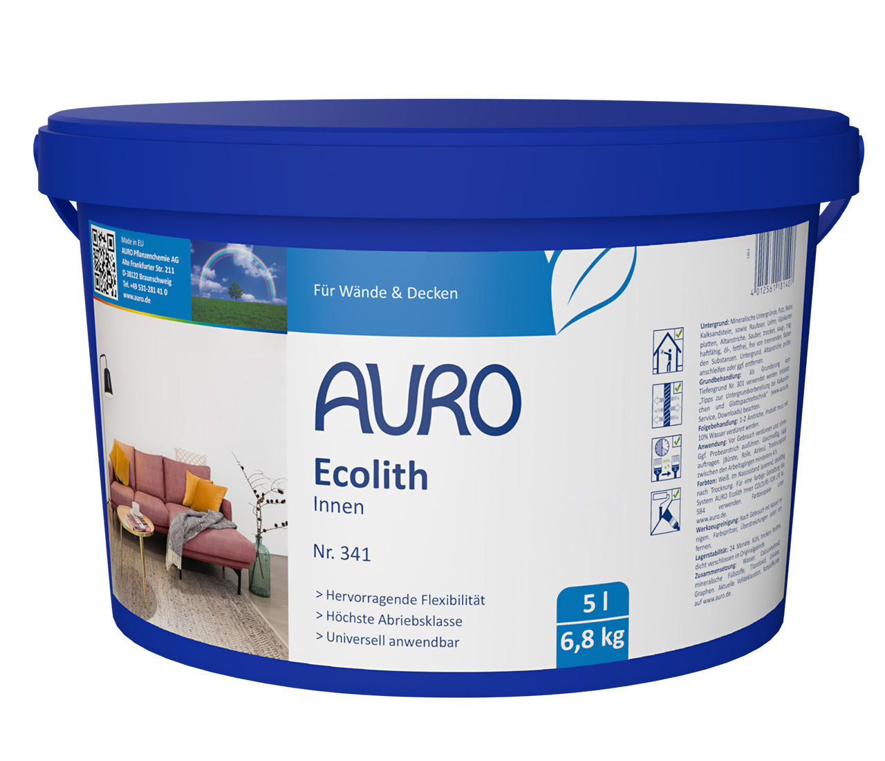 AURO Ecolith Innen Nr. 341, weiße Wandfarbe mit Graphen-Technologie im 5 Liter Gebinde für den Innenbereich