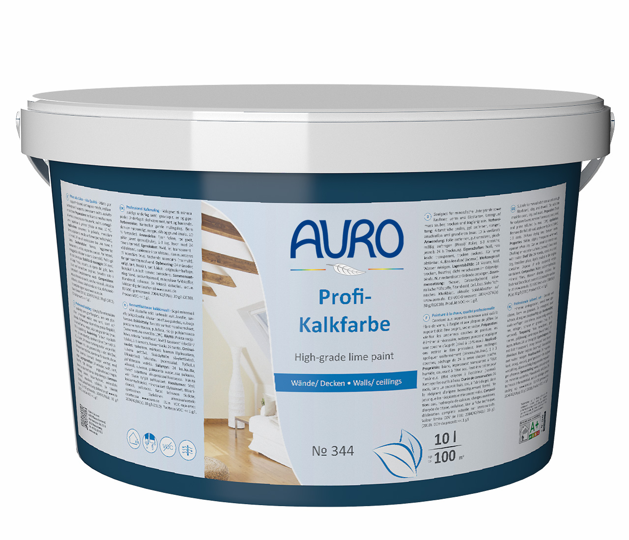 AURO Profi-Kalkfarbe Nr. 344, 10 Liter Gebinde – geruchsabsorbierende Sumpfkalkfarbe mit starker Haftung auf Raufaser und Lehm