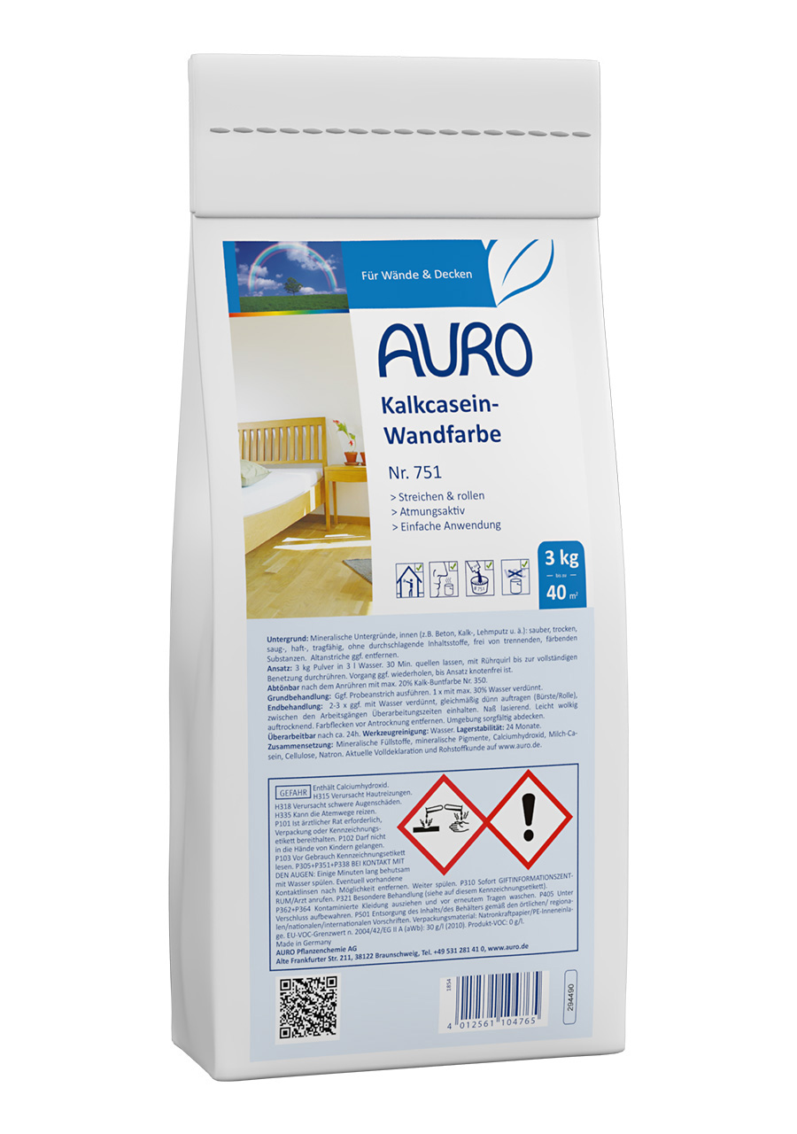 AURO Kalkcasein-Wandfarbe Nr. 751 im 3 kg Sack, weiße seidenmatte Pulverfarbe zum Selbstanrühren für Innenwände
