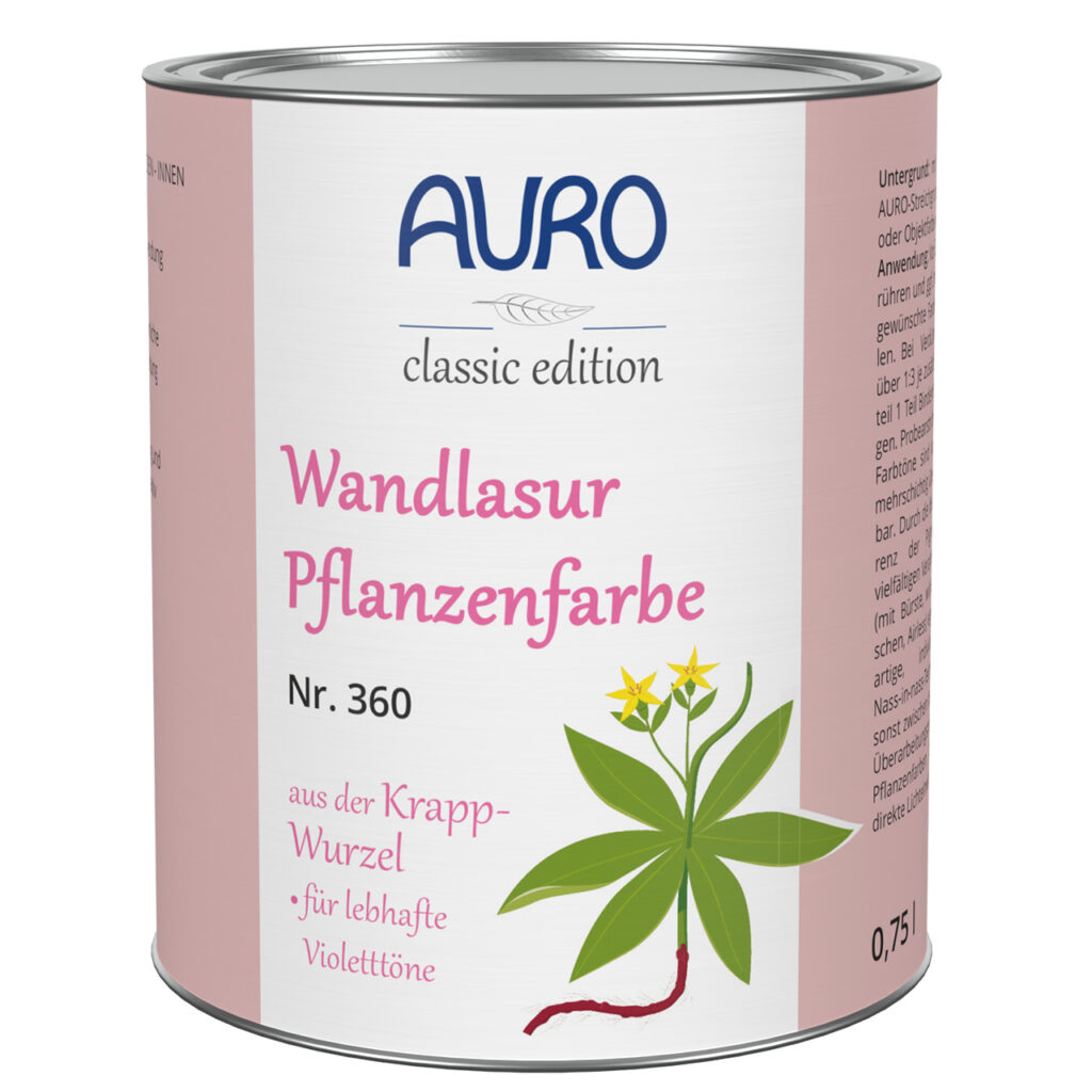 AURO Wandlasur-Pflanzenfarbe Nr. 360 in Krapp-Rot (Blauton), 0,75 Liter Dose – lebendige Lasur auf Pflanzenbasis