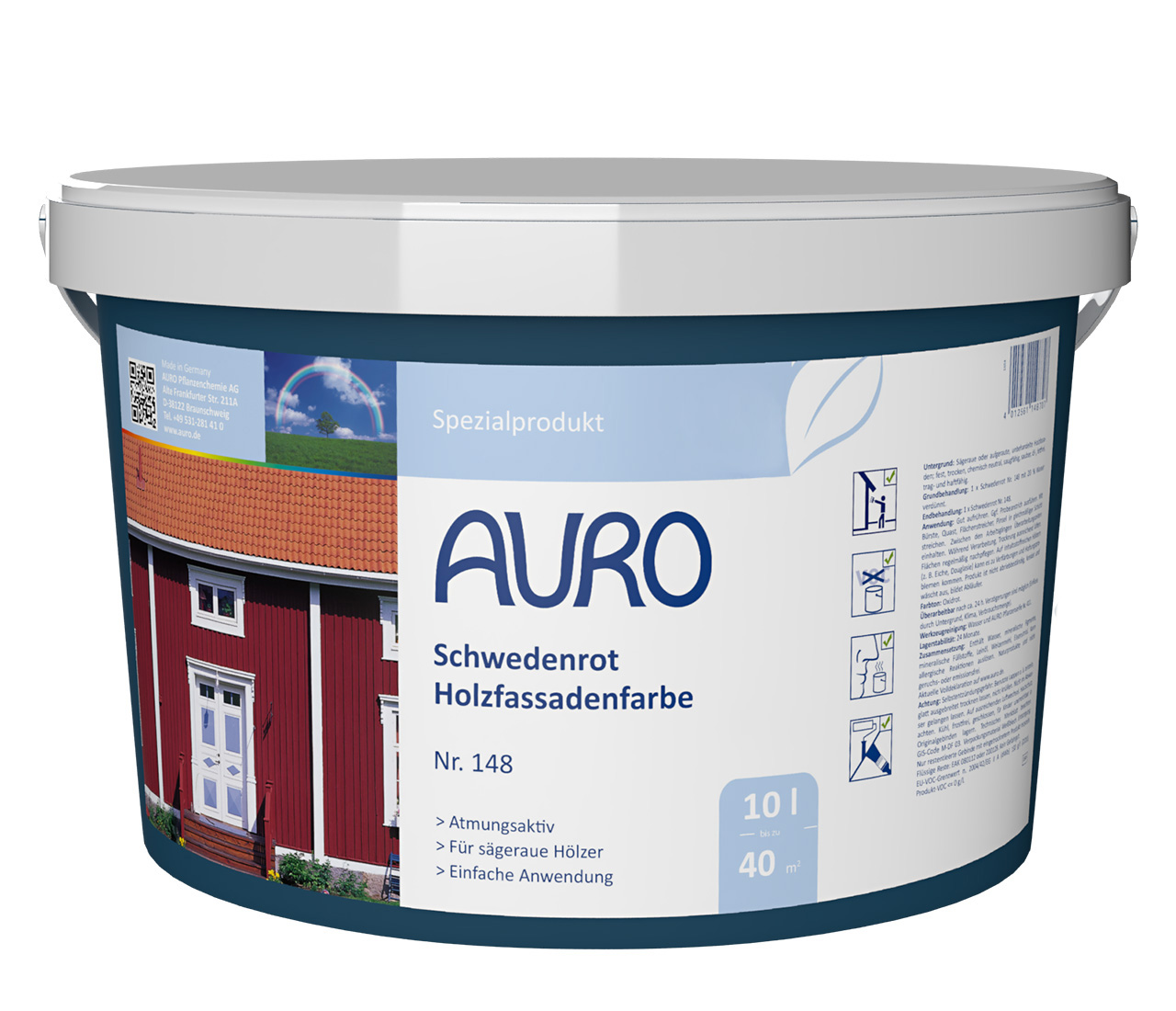 AURO Schwedenrot Holzfassadenfarbe Nr. 148 im 10 Liter Gebinde – lösemittelfrei für Schwedenhaus-Optik