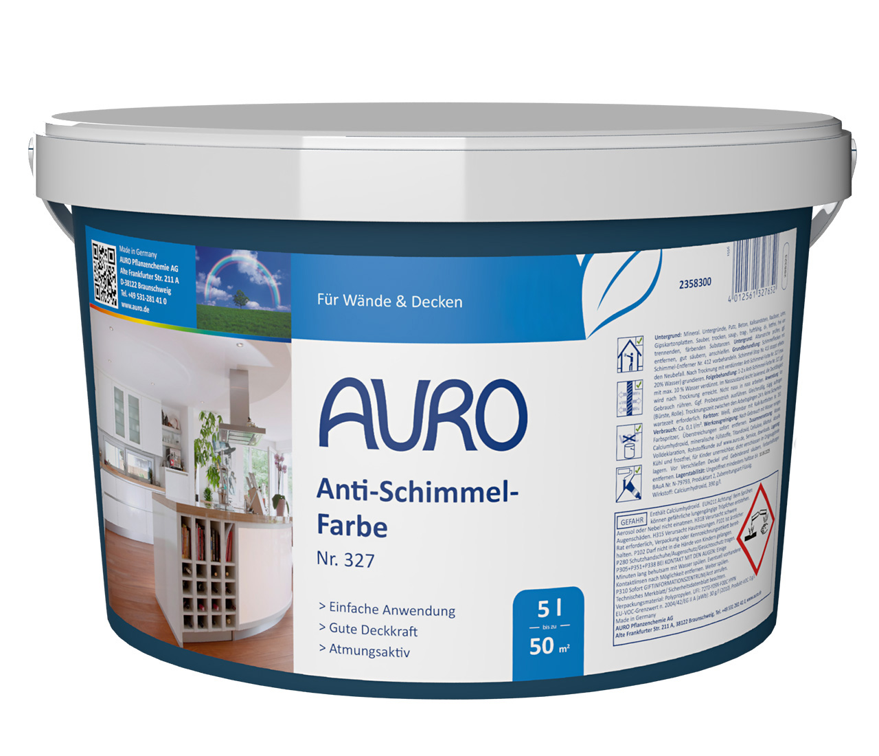 AURO Anti-Schimmel-Farbe Nr. 327 in 5 Liter Gebinde – atmungsaktive Wandfarbe gegen Schimmel, weiß, gebrauchsfertig