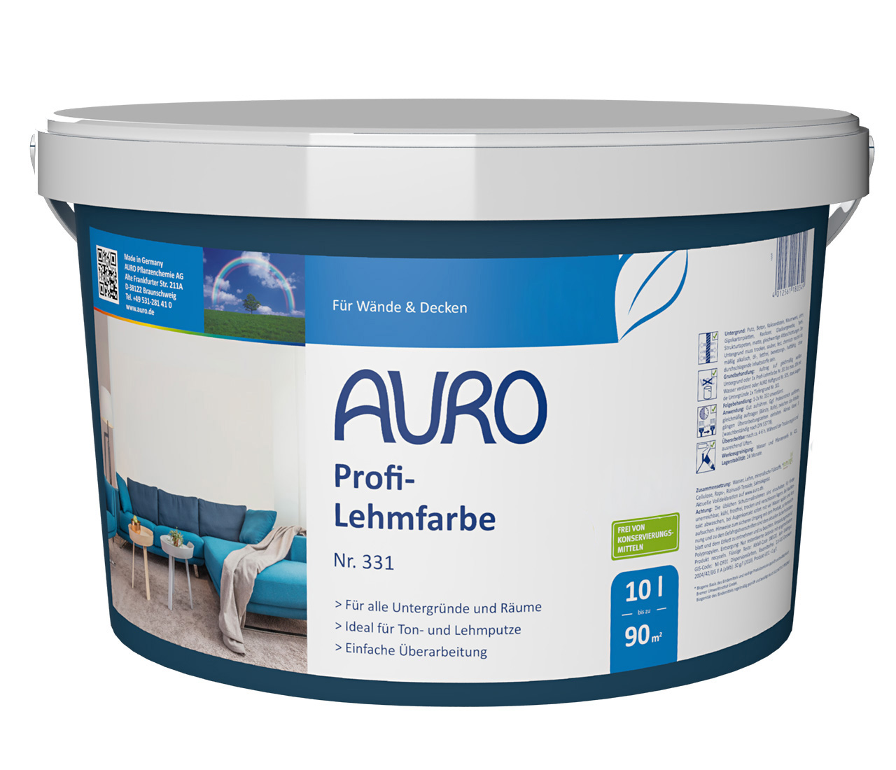 AURO Profi-Lehmfarbe Nr. 331 im 10 Liter Gebinde für glatte, edle Innenflächen ohne Konservierungsmittel.