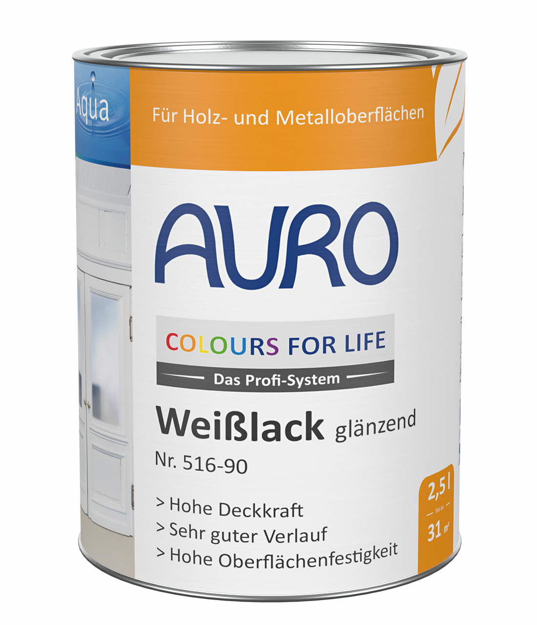AURO COLOURS FOR LIFE Weißlack glänzend Nr. 516-90 im 2,5 Liter Gebinde für Holzwerkstoffe und Metall