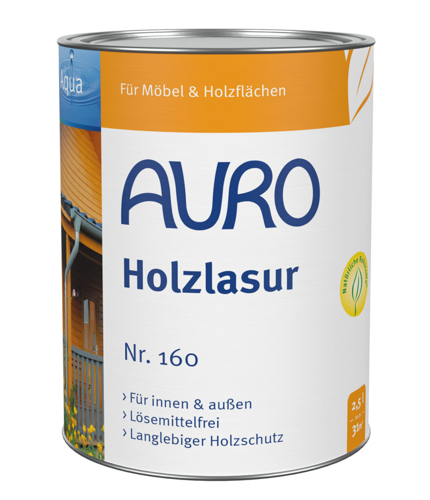 AURO Holzlasur, Aqua Nr. 160 im 2,5 Liter Gebinde – lösungsmittelfreie Holzlasur für Kindermöbel