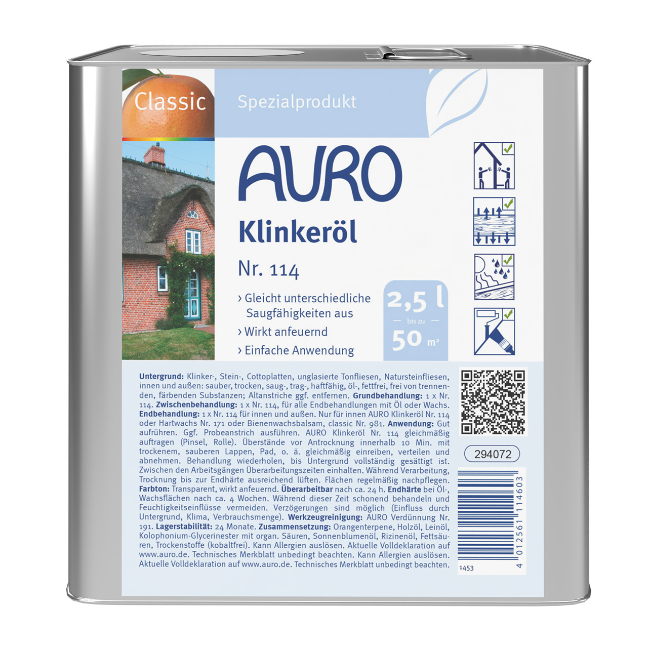 AURO Klinkeröl Nr. 114 im 2,5 Liter Kanister – Öl zur Pflege von Cotto, Klinker und Naturstein
