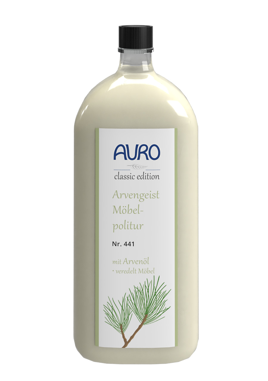 AURO Arvengeist-Möbelpolitur in 0,25 Liter Glasflasche mit Arvenöl für antistatische, wachspflegende Holzoberflächen