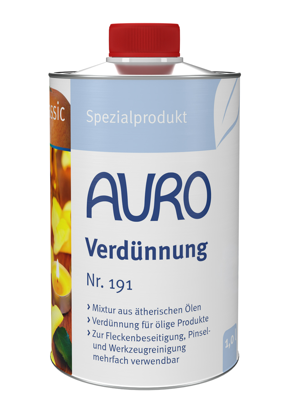 AURO Verdünnung Nr. 191 in 1 Liter Blechflasche – gebrauchsfertige Mischung aus Balsamterpentinöl und Orangenöl.