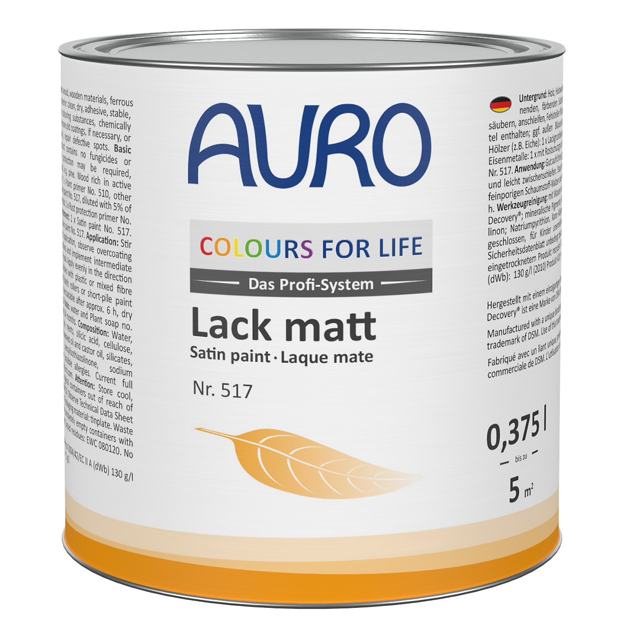 AURO COLOURS FOR LIFE Lack, matt Nr. 517 in 0,375 Liter Dose für Holz und Metall, lösemittelfrei und schnelltrocknend