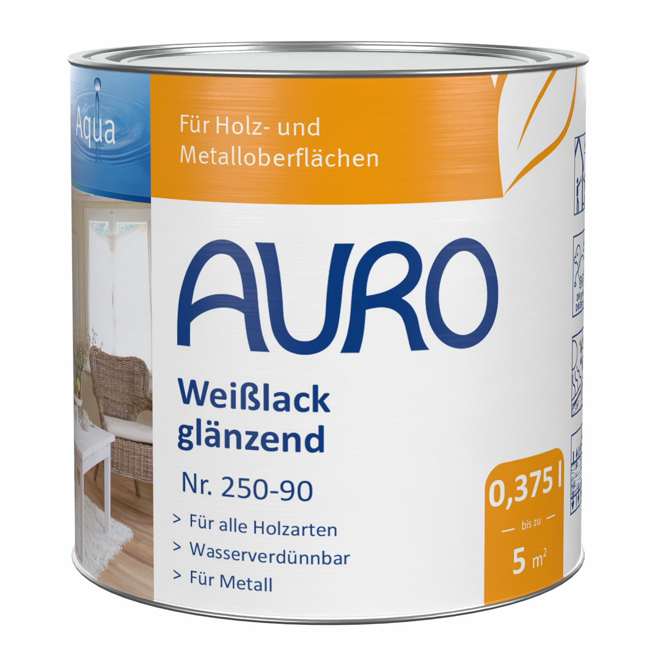 AURO Weißlack glänzend Nr. 250-90 in 0,375 Liter Dose für Holz- und Metallanstriche