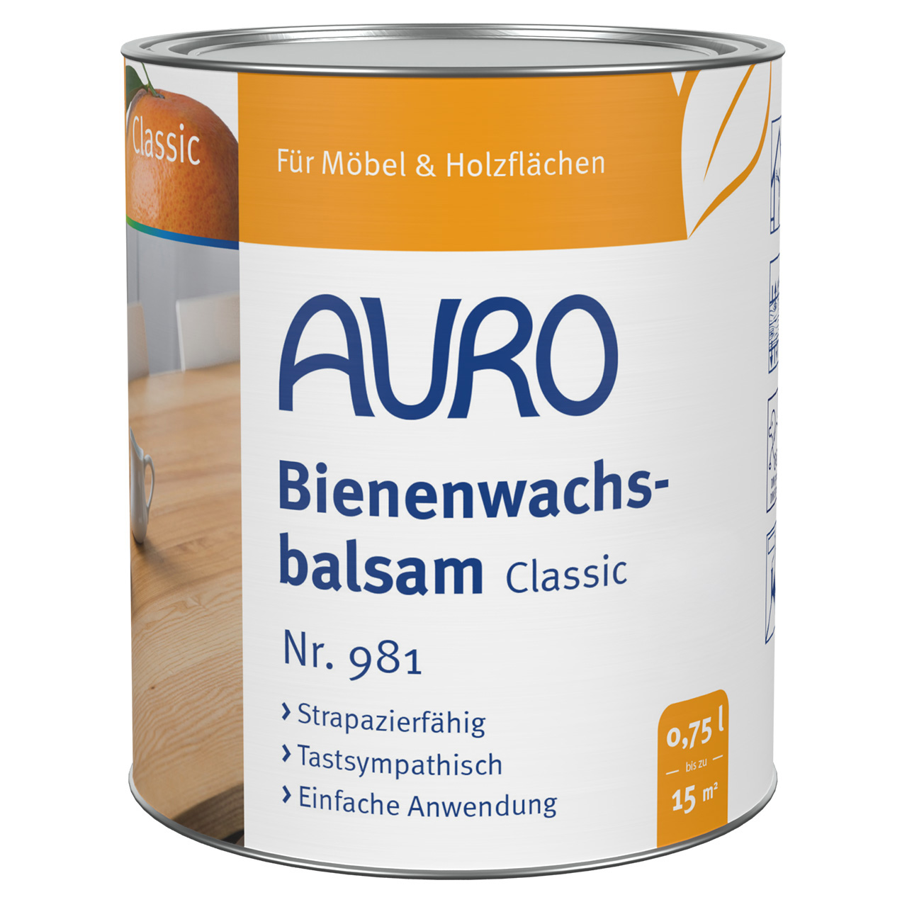 AURO Bienenwachsbalsam Nr. 981 in 0,75 Liter Dose für seidenmatte, honiggetönte Holzoberflächen im Innenbereich