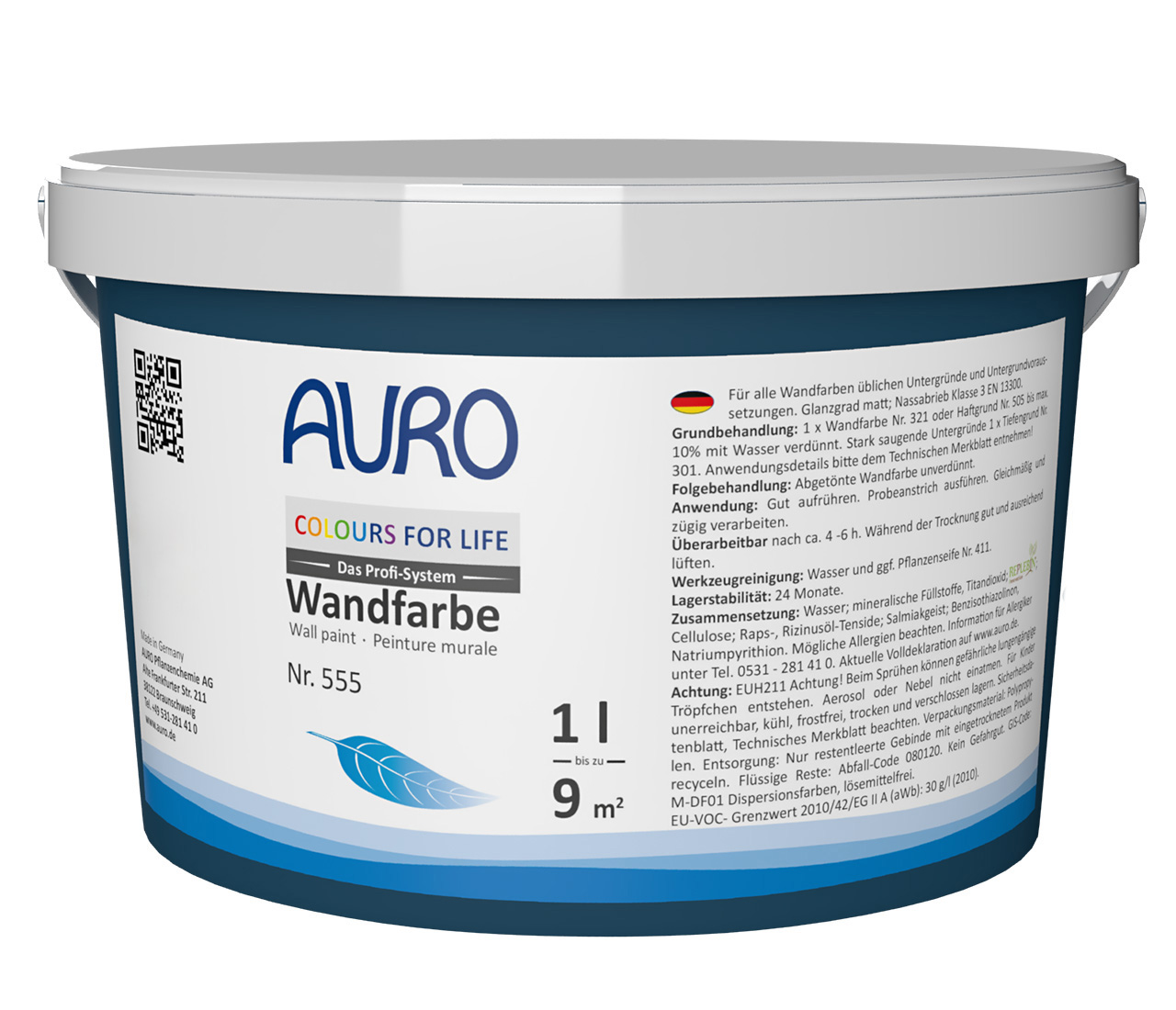 AURO COLOURS FOR LIFE Premium Wand- und Deckenfarbe Nr. 555 im 1 Liter Gebinde – emissionsfrei, deckstark und tropfarm