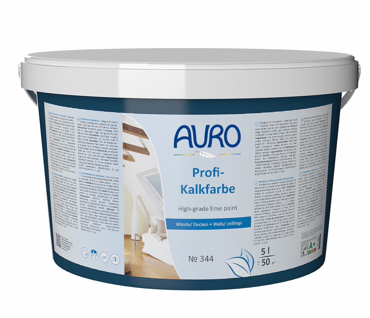 AURO Profi-Kalkfarbe Nr. 344, 5 Liter Gebinde – diffusionsoffene Kalkfarbe mit Schimmelschutz für Innenräume und denkmalgeschützte Bauten