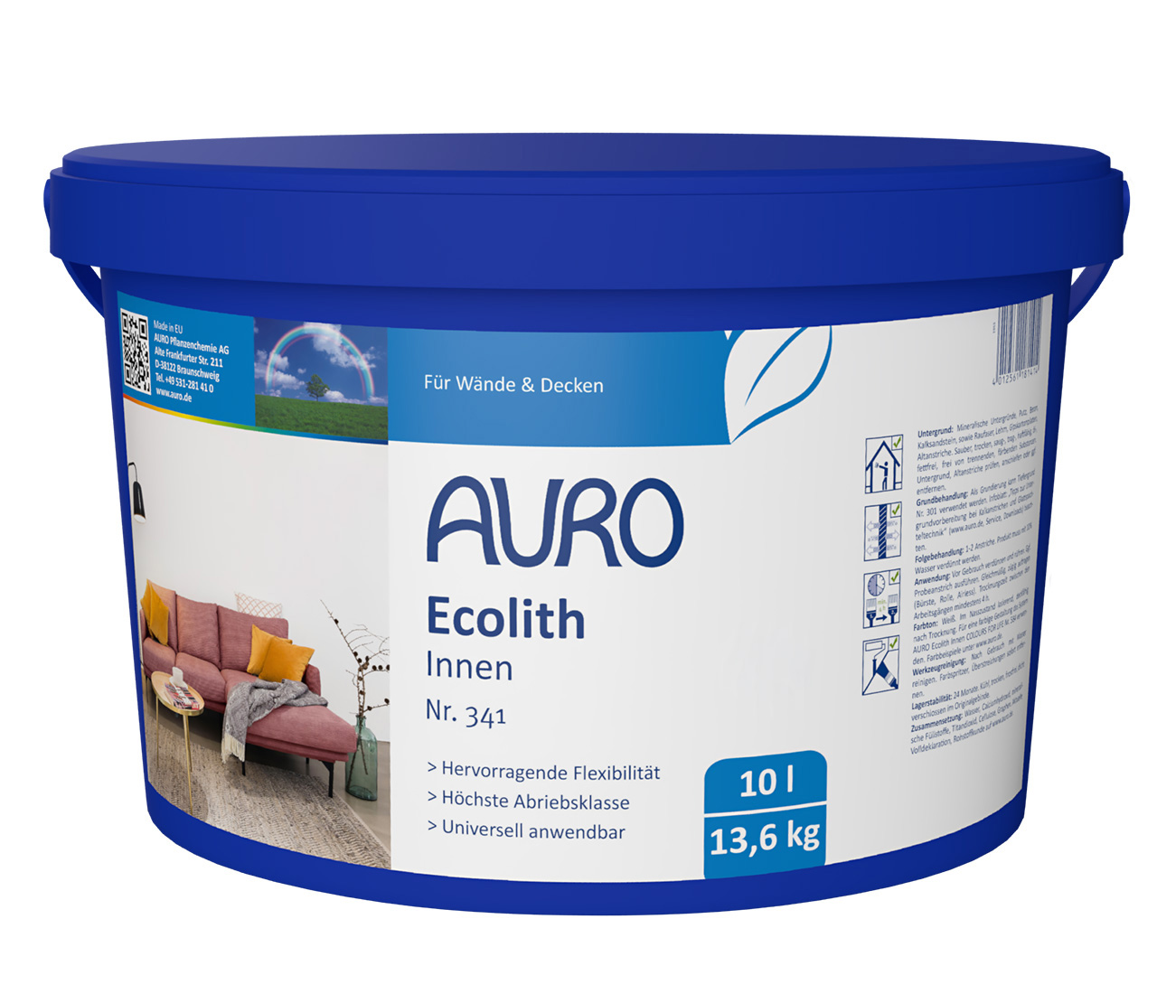 AURO Ecolith Innen Nr. 341, hochdeckende weiße Innenwandfarbe im 10 Liter Gebinde für mineralische Untergründe