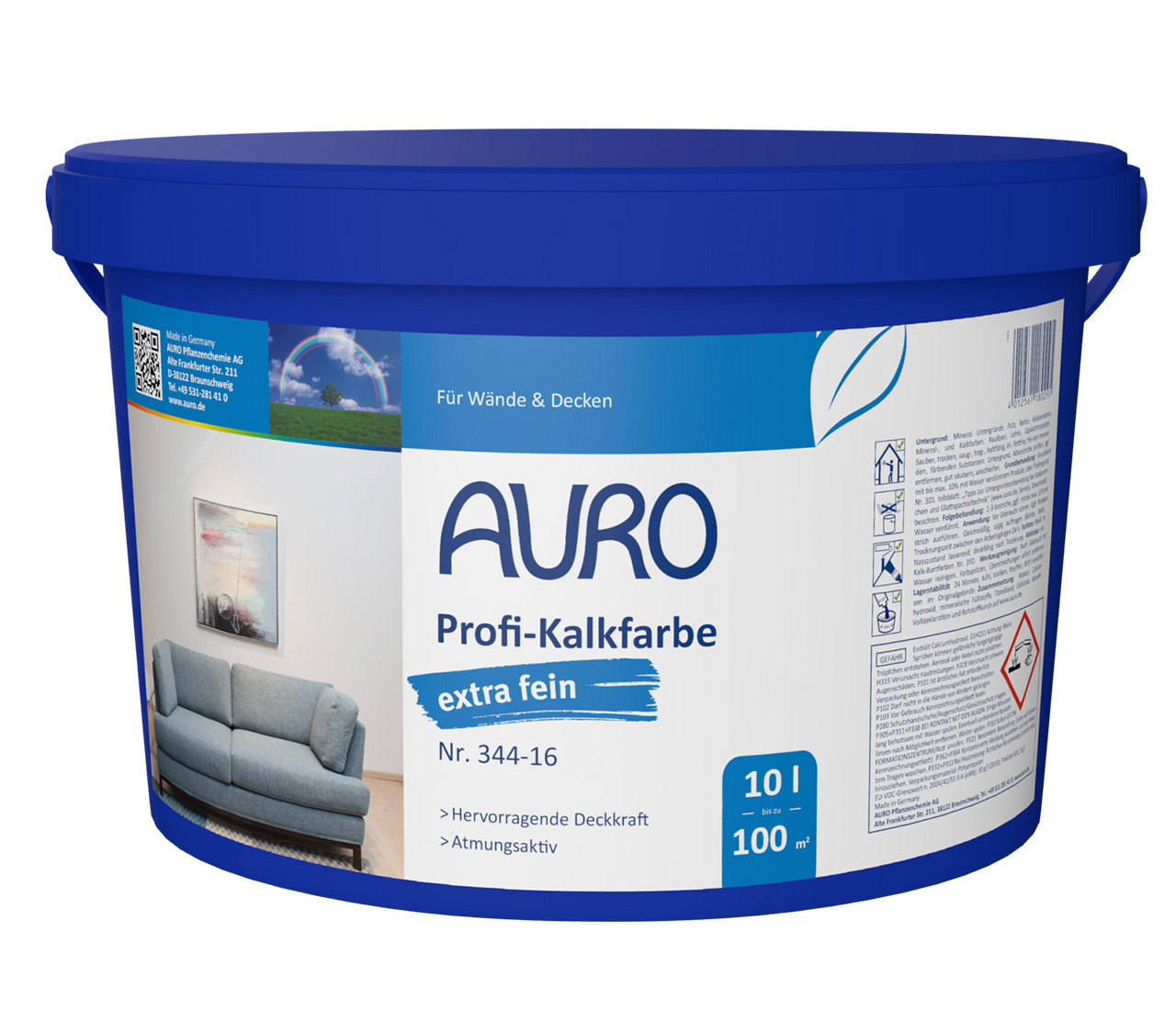 AURO Profi-Kalkfarbe, extra fein Nr. 344-16 im 10 Liter Gebinde – hochwertige Sumpfkalkfarbe mit feiner Struktur