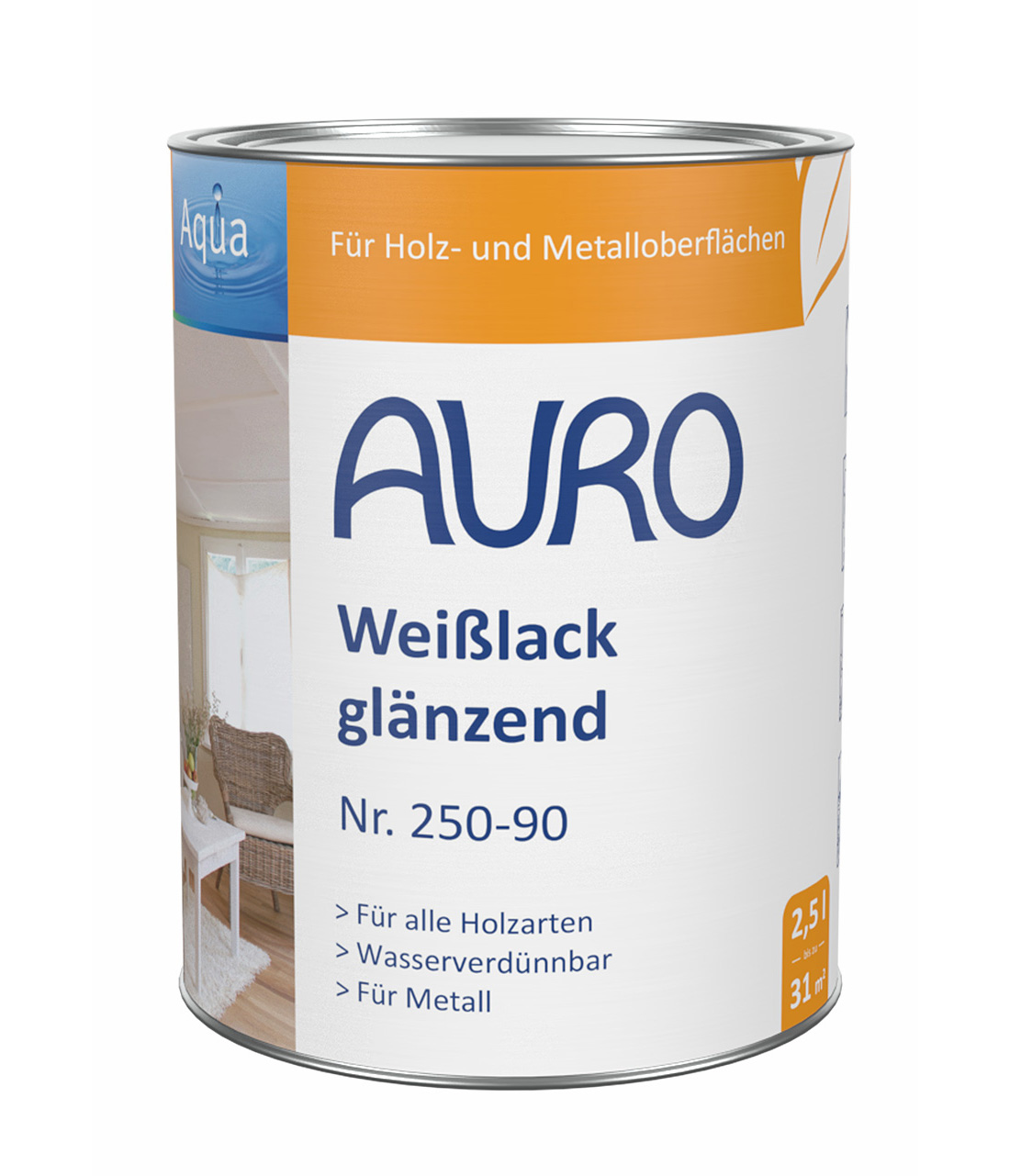 AURO Weißlack glänzend Nr. 250-90 in 2,5 Liter Dose für Holzwerkstoffe im Innenbereich